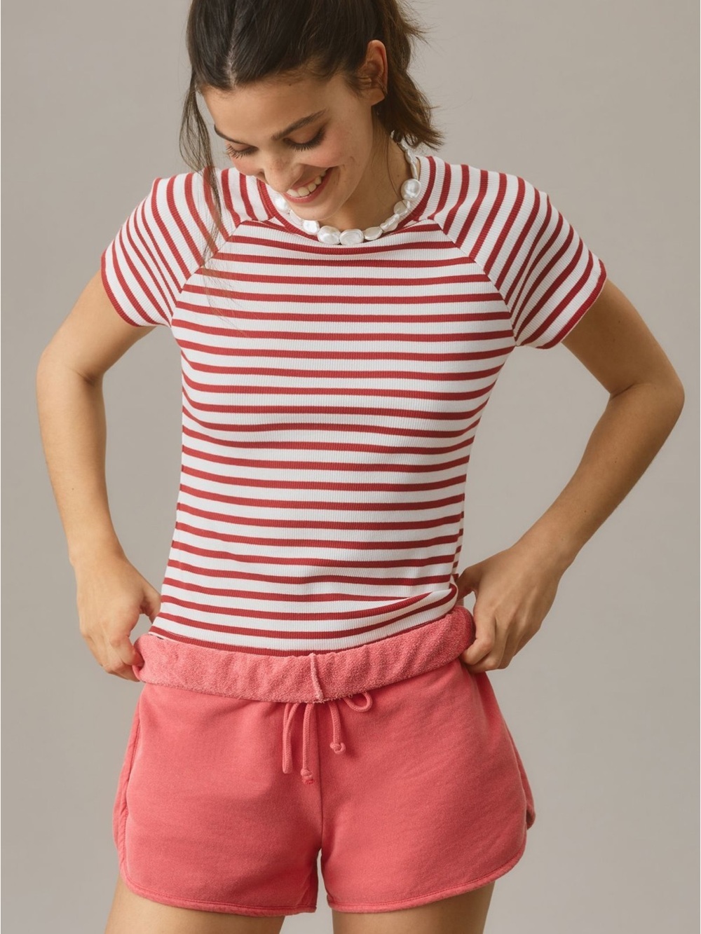 Paige Bijou Striped Short-Sleeve Rib Tee in White and Red Women’s Medium